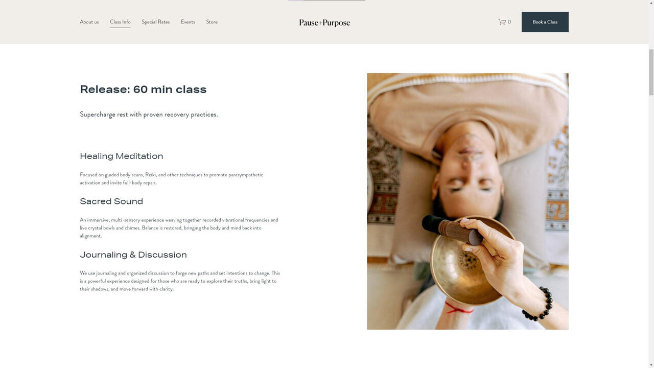 Release Class Pause + Purpose's website displays a page with a description of their classes, including a photo and key takeaway points.