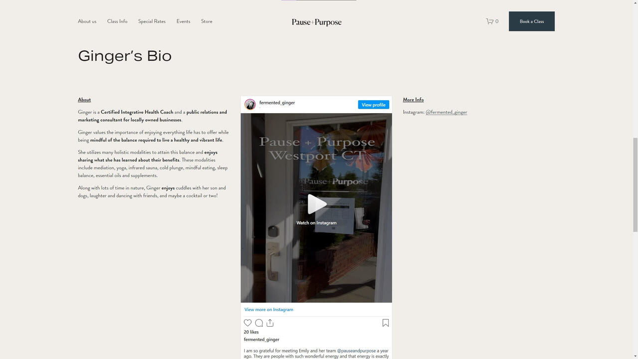 Ginger's Bio 02 Pause + Purpose's Wellness Provider, Ginger's page. Her page displays an embedded Instagram widget.