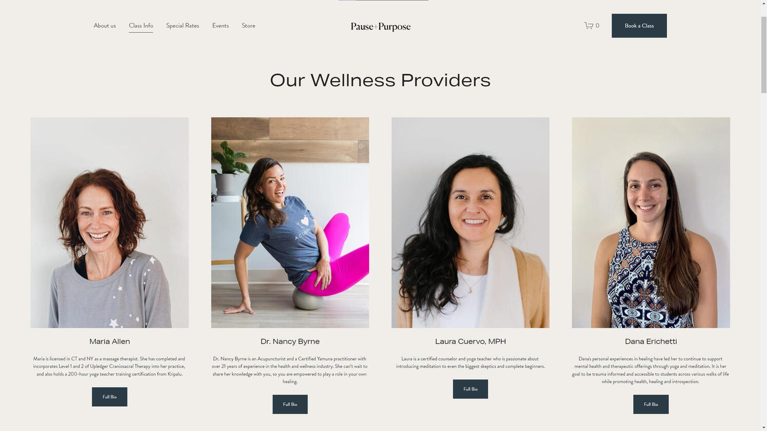 Pause + Purpose's website displays a gallery of their Wellness Providers.