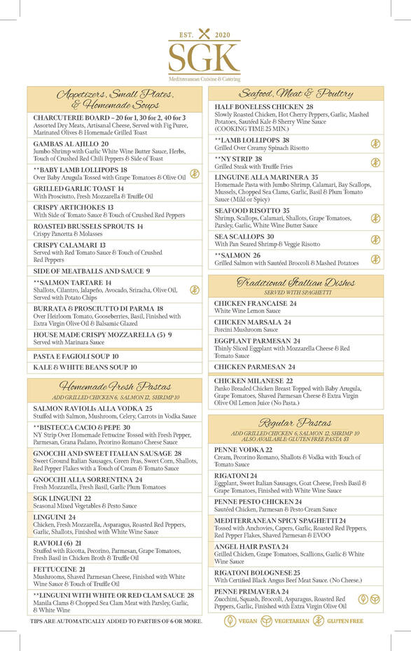 Sonia's Gourmet Kitchen Menu Front