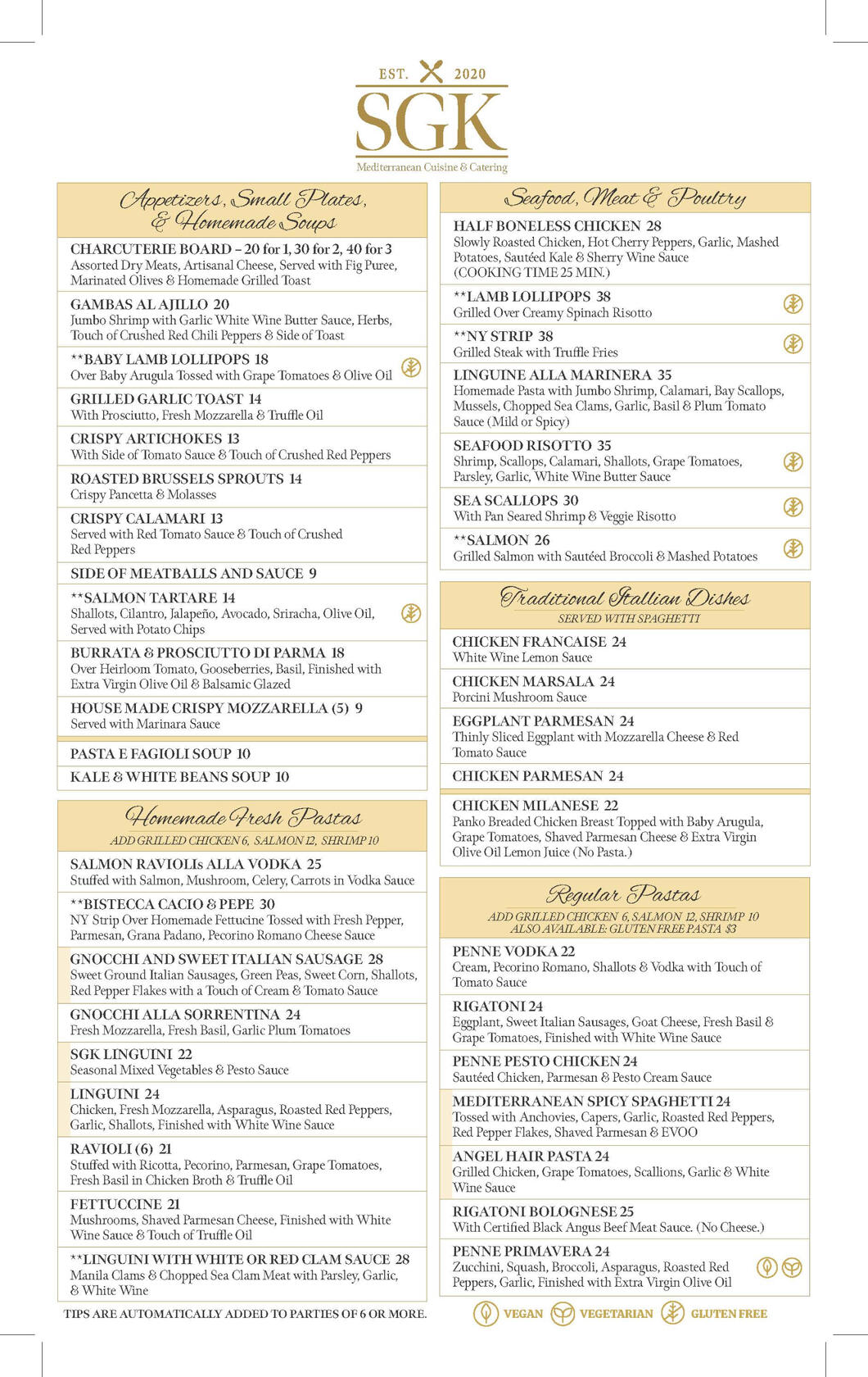 Sonia's Gourmet Kitchen Menu Front Sonia's Gourmet Kitchen Menu Front