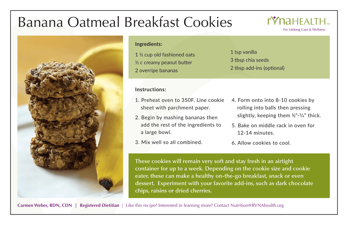 RVNAhealth Banana Oatmeal Breakfast Cookies Recipe Card Front RVNAhealth Banana Oatmeal Breakfast Cookies Recipe Card Front