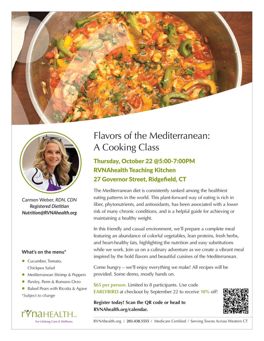RVNAhealth Flavors of the Mediterranean Cooking Class Flyer RVNAhealth Flavors of the Mediterranean Cooking Class Flyer